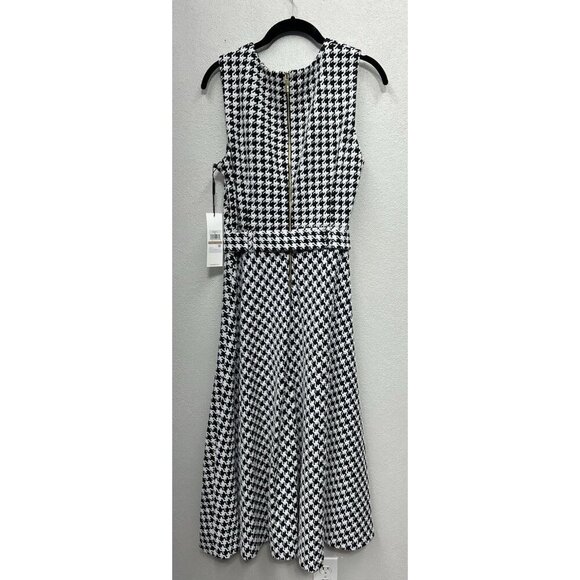 Calvin Klein Dress 10 Black A Line Sheath Midi Houndstooth Sleeveless Career NEW - Picture 3 of 11